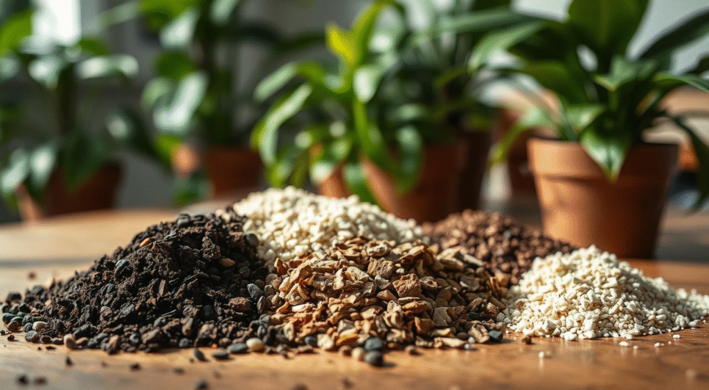 Core potting mix ingredients: coir/peat, perlite, bark, compost, vermiculite