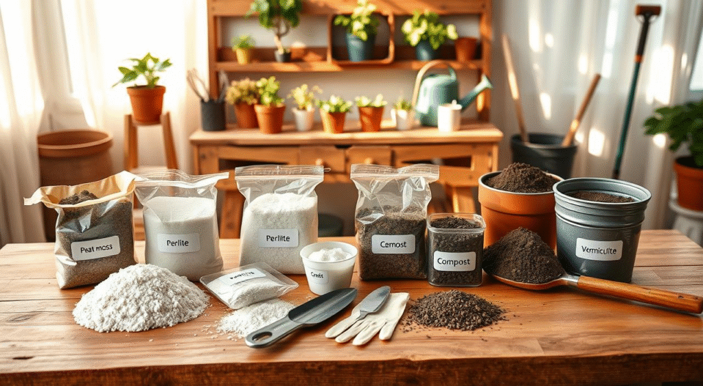 Tools for mixing potting soil: bucket, scoop, gloves, container with lid