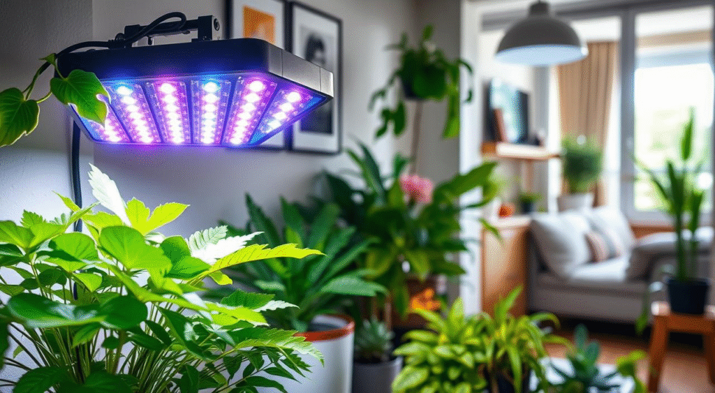 Grow light helping houseplants on an apartment shelf