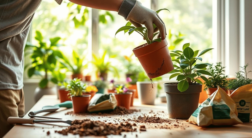 Repotting setup on a protected workspace (replace with your own photo)