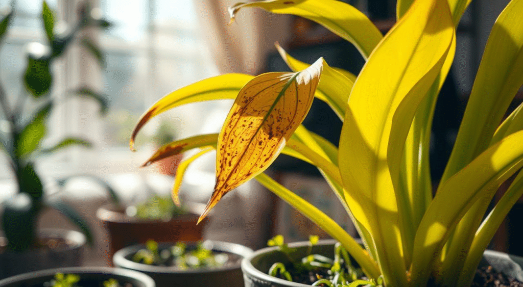 Yellowing leaves on a houseplant (diagnosis depends on soil moisture and root health)