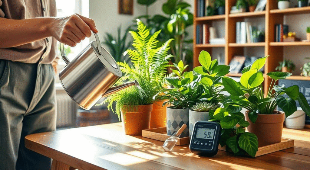 Checking soil moisture and pot weight for a simple indoor plant watering routine
