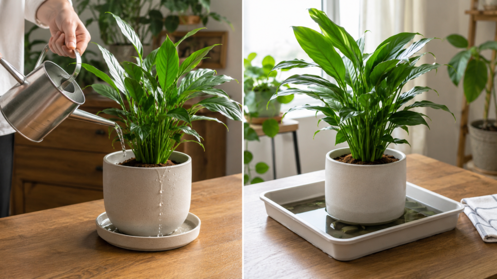 Top watering and bottom watering methods shown with potted houseplants, drainage holes, saucers, and a shallow water tray.