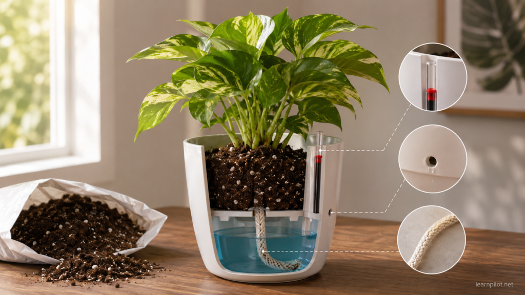 Self-watering planter setup showing a houseplant, lower water reservoir, wick, overflow hole, water indicator, and airy potting mix.