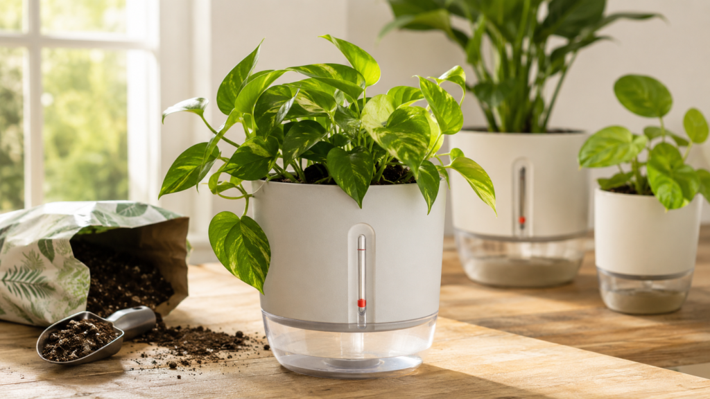 Healthy pothos in a self-watering planter with visible water level indicator, lower reservoir, and potting mix nearby.