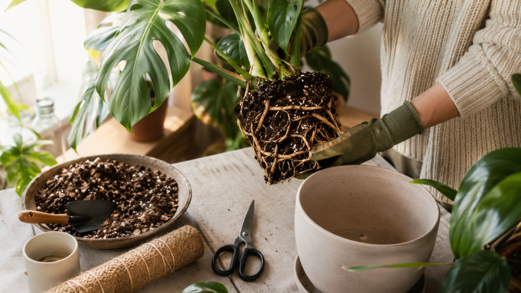 Monstera repotting setup with visible roots, new drainage pot, chunky potting mix, scissors, gloves, and moss pole.
