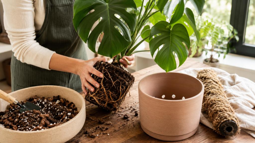 Monstera plant on an indoor repotting table with a new pot, watering can, and fresh soil nearby.