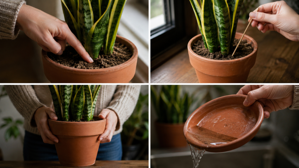Snake plant watering check in low light showing soil dryness test, chopstick test, pot weight check, and empty saucer.