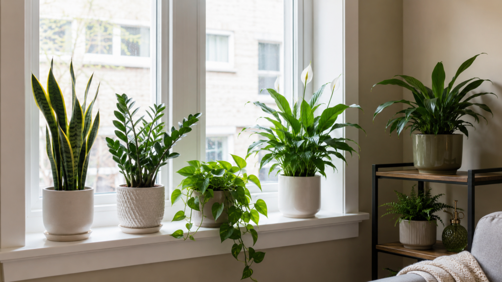 Low-light houseplants including snake plant, ZZ plant, pothos, peace lily, and cast iron plant near a north-facing window.