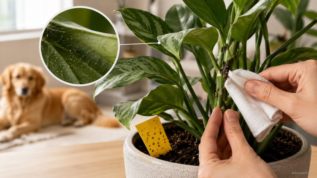 Houseplant pest check showing sticky trap for fungus gnats, spider mite webbing, scale removal, and a pet kept away from the treatment area.