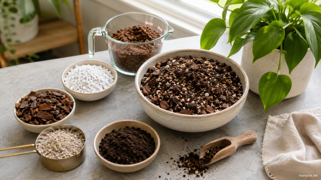Houseplant potting mix ingredients including coco coir, perlite, orchid bark, coarse grit, worm castings, and finished chunky soil mix.