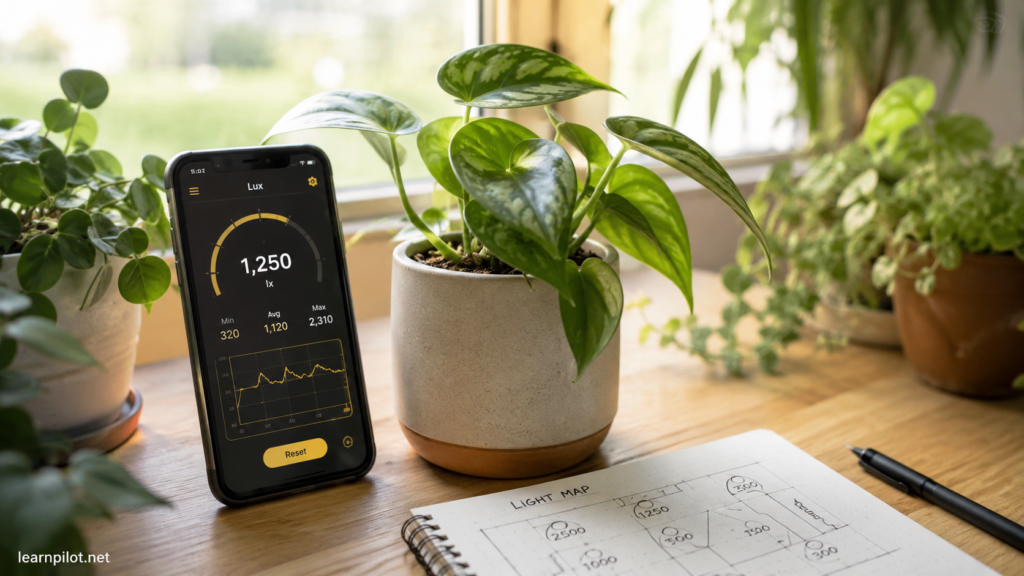 Smartphone measuring indoor light at houseplant leaf level near a bright window with a simple light map notebook.