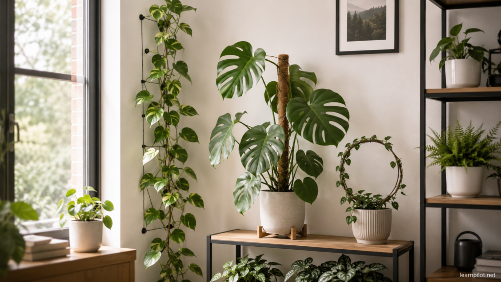 Space-saving trellises for vining houseplants showing pothos wall wires, Monstera on a support pole, and Hoya on a wire hoop.