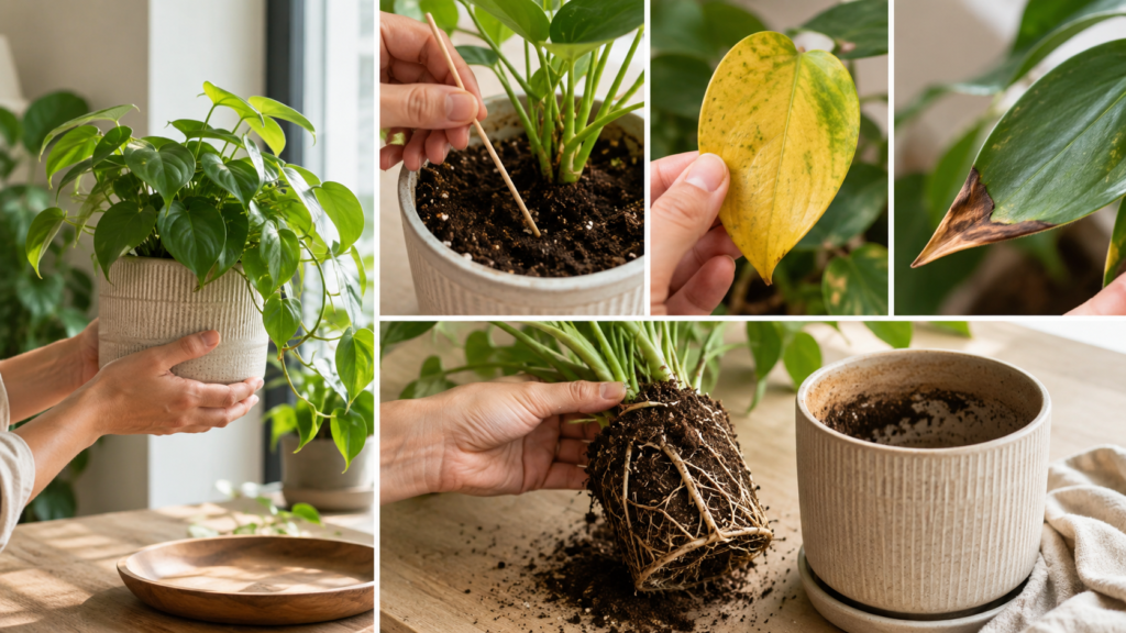 Five-minute houseplant health check showing soil moisture testing, pot weight, yellow leaves, brown tips, and root inspection.