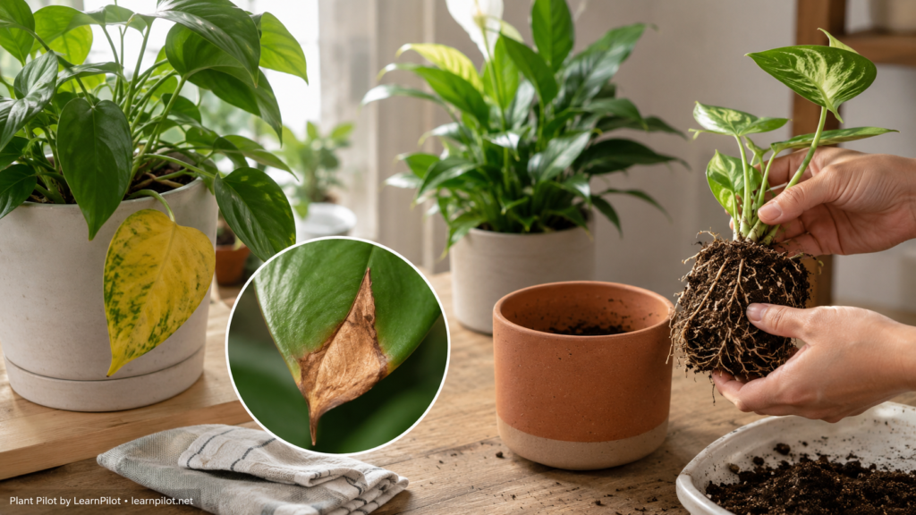 Houseplant troubleshooting setup showing yellow leaves, brown leaf tips, and roots being inspected beside a pot.