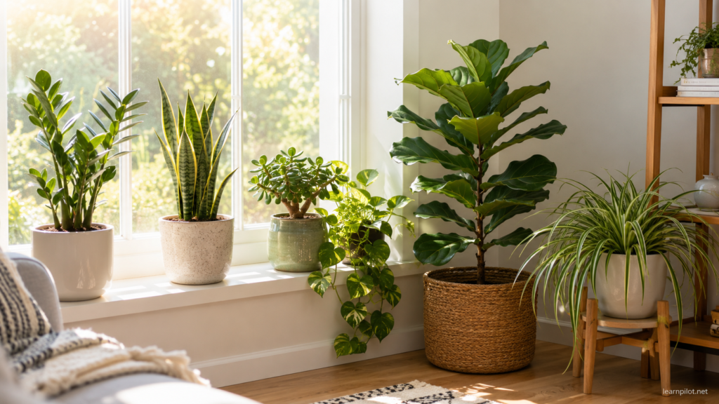 East-facing window houseplants including ZZ plant, snake plant, jade plant, pothos, fiddle leaf fig, and spider plant in gentle morning sun.