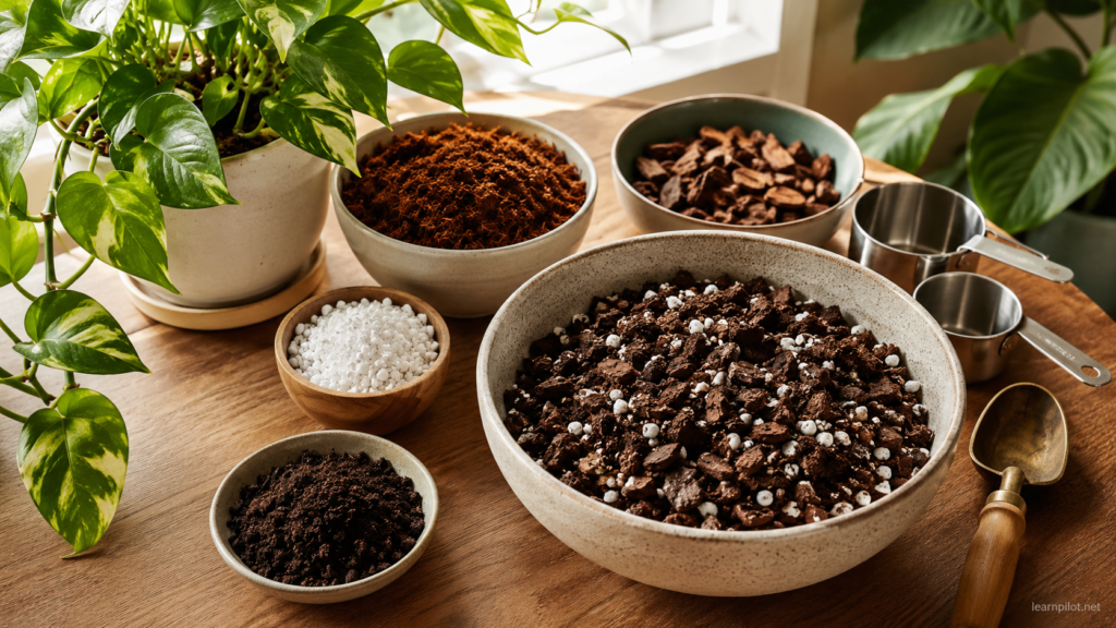 DIY pothos soil mix ingredients with potting base, perlite, orchid bark, worm castings, and a healthy pothos plant.