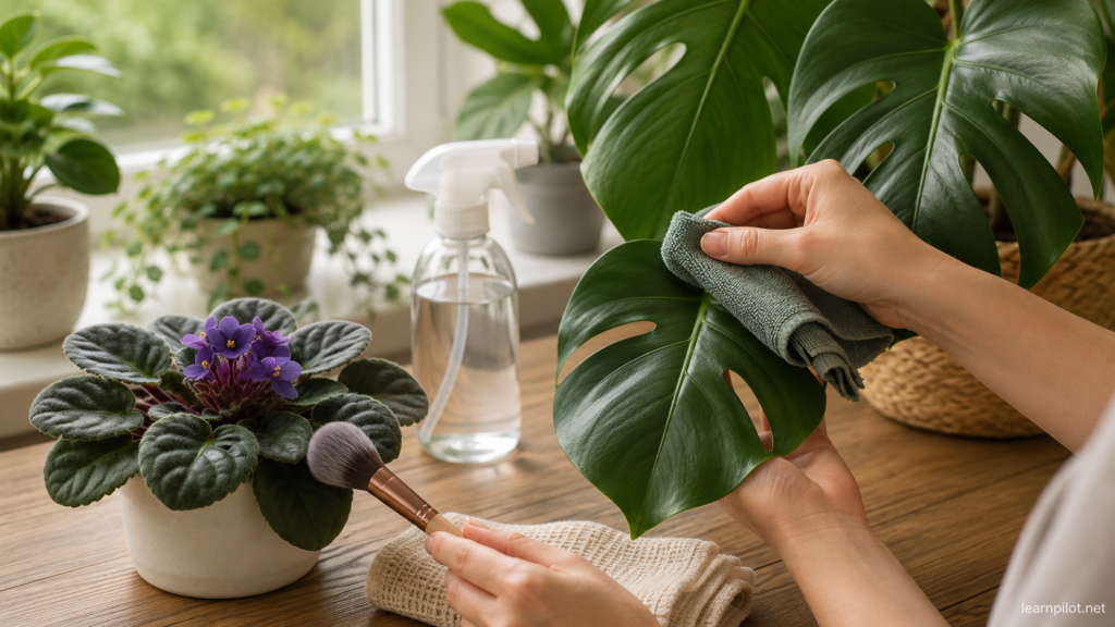 Natural houseplant leaf cleaning setup with microfiber cloth, soft brush, spray bottle, and clean indoor plants.