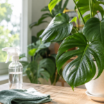 Natural houseplant leaf cleaning setup with microfiber cloth, spray bottle, and glossy green leaves.