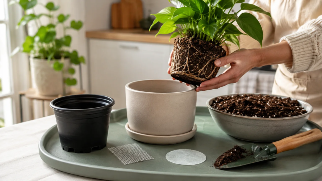 Step-by-step houseplant repotting setup with an old pot, new drainage pot, fresh potting mix, rootball, and watering lip.
