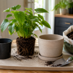 Houseplant repotting setup with old nursery pot, fresh potting mix, new pot, and small trowel on a clean indoor table.