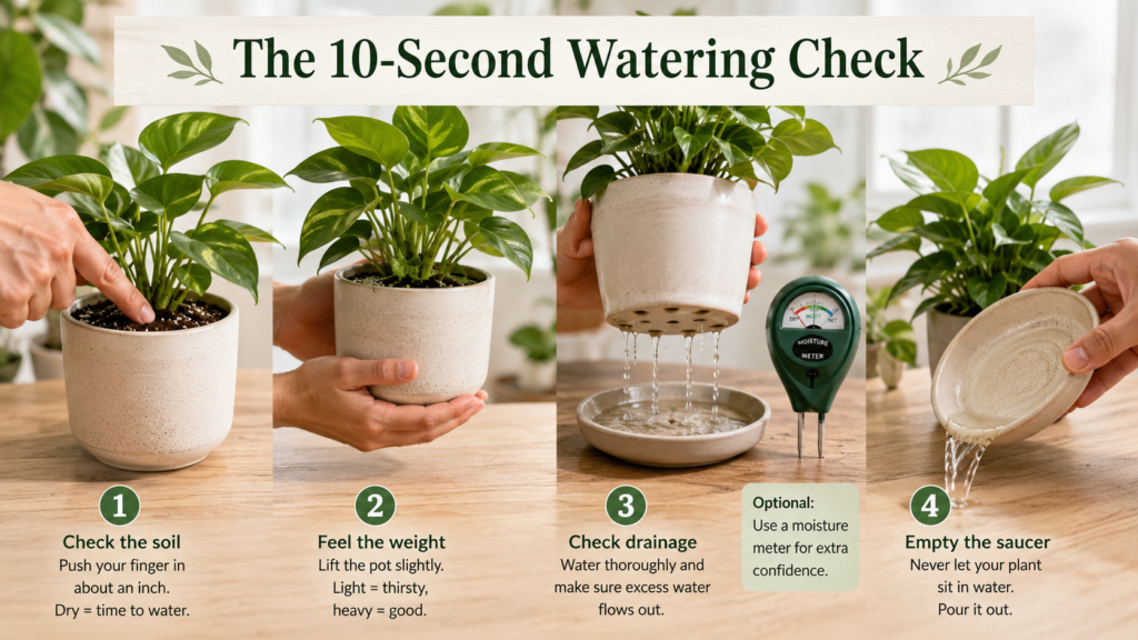 Simple houseplant watering checks showing the finger test, pot weight, drainage, and emptying the saucer.